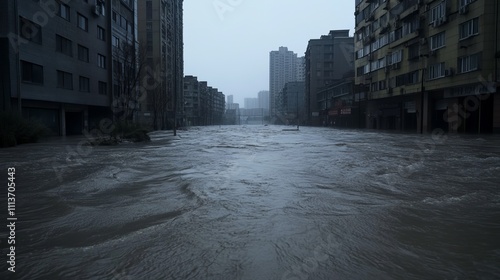 A flooded street in a city, with buildings lining both sides. The water is murky and the sky is overcast.