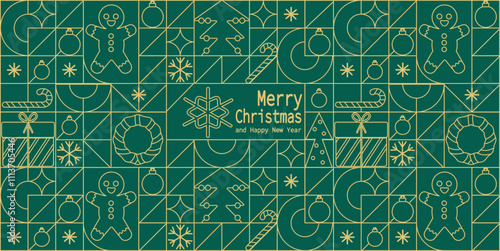 Christmas abstract Bauhaus. Geometric line pattern. Seamless pattern merry christmas and happy new year. Christmas decorations pattern, green greeting background