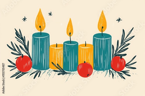 yellow candles, wrapped in red rosemary branches with small apples around them, christmas and new year consept