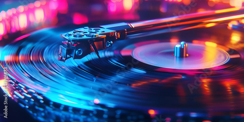 Close-up of Vinyl Record Player with Spinning Record and Stylus Arm

