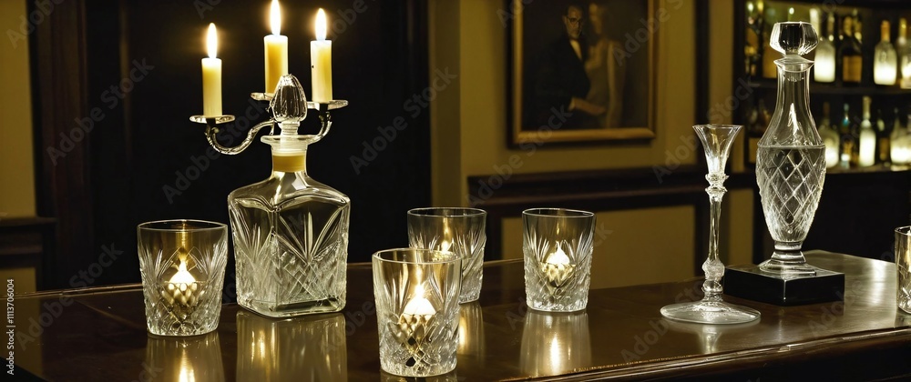 An elegant bar setting with crystal decanters sparkling glasses and soft candlelight for the New Year An elegant bar setting with crystal decanters sparkling glasses and soft candlelight for the New Year