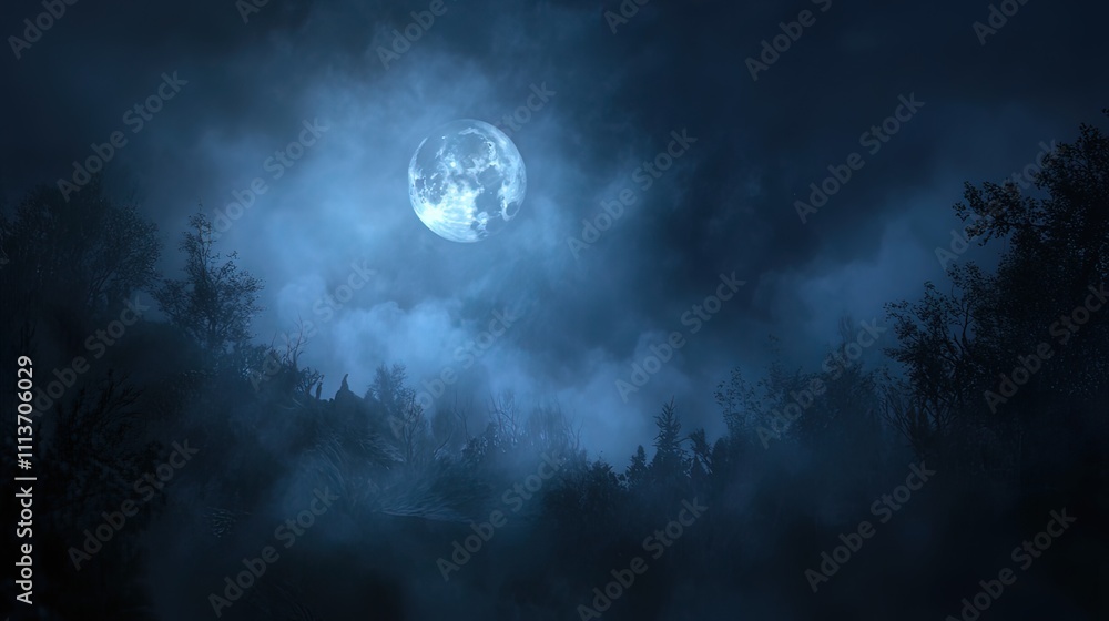 Full moon shining through misty forest at night. Full moon shining through misty forest at night.
