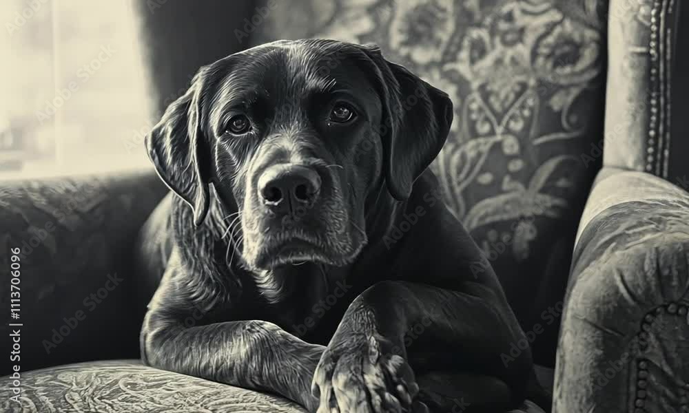 A black dog rests elegantly on a patterned armchair, exuding calm and companionship. A black dog rests elegantly on a patterned armchair, exuding calm and companionship.