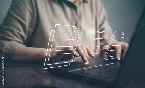 Document management system, DMS. Woman use laptop in business arrange database folder in office. Concept of cyberspace security software use in paperwork on cloud server, documentation platform report
