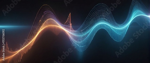 An image of AI speech recognition visualized as glowing sound waves and data points