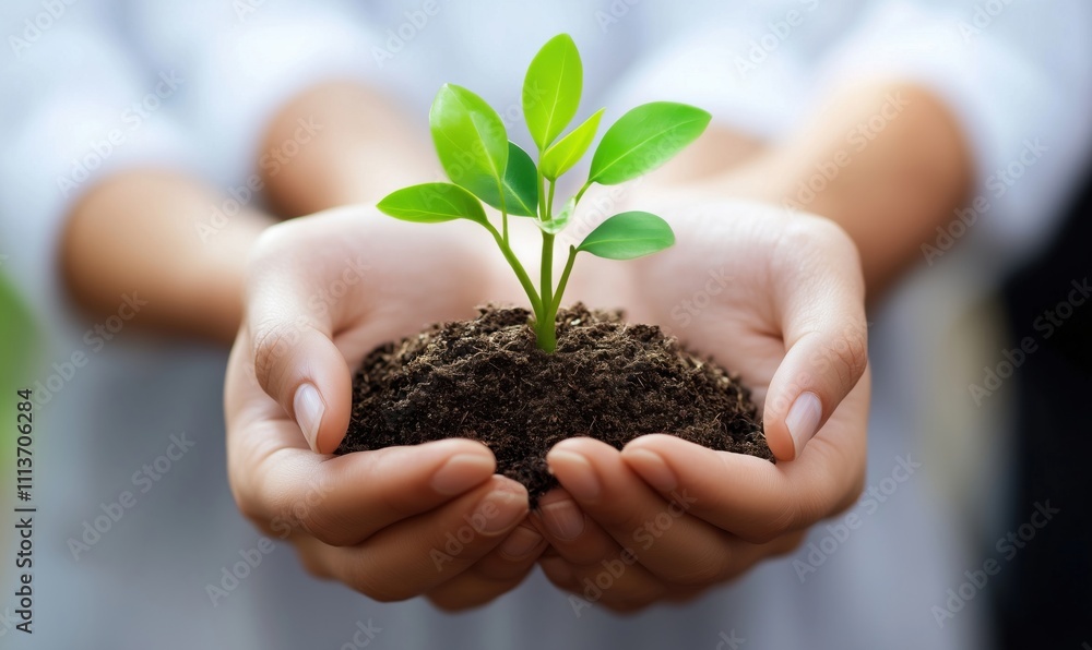 Hands nurturing plant, symbolizing growth and care. Green leaves emerging from soil, representing environmental awareness and sustainability. Hands nurturing plant, symbolizing growth and care. Green leaves emerging from soil, representing environmental awareness and sustainability.