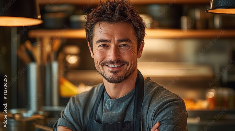 Smiling Asian Middle-Aged Man in Apron Standing in Modern Kitchen Smiling Asian Middle-Aged Man in Apron Standing in Modern Kitchen