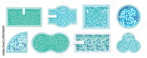 Set of swimming pools top view in cartoon style.Vector illustration of swimming pools of various shapes and sizes with transparent water,made of ceramic and glass mosaic isolated on white backgroun