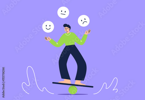 A man juggling between good and bad emotions. Mental and emotional health concept. Flat vector illustration on a colorful background.