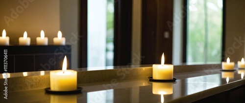 Angled side view of a smooth quartz countertop with a blurred luxurious spa interior and candles softly glowing in the background