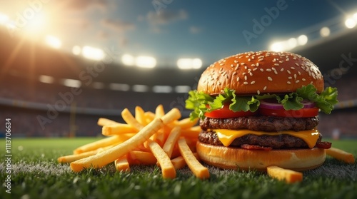 Juicy cheeseburger with fresh lettuce and crispy fries on green grass at a stadium during sunset. Perfect for food and sports themes photo