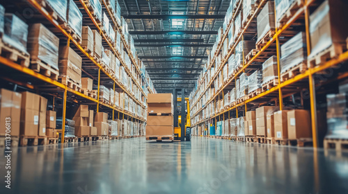 Large retail warehouse interior with shelves stocked with boxes and goods