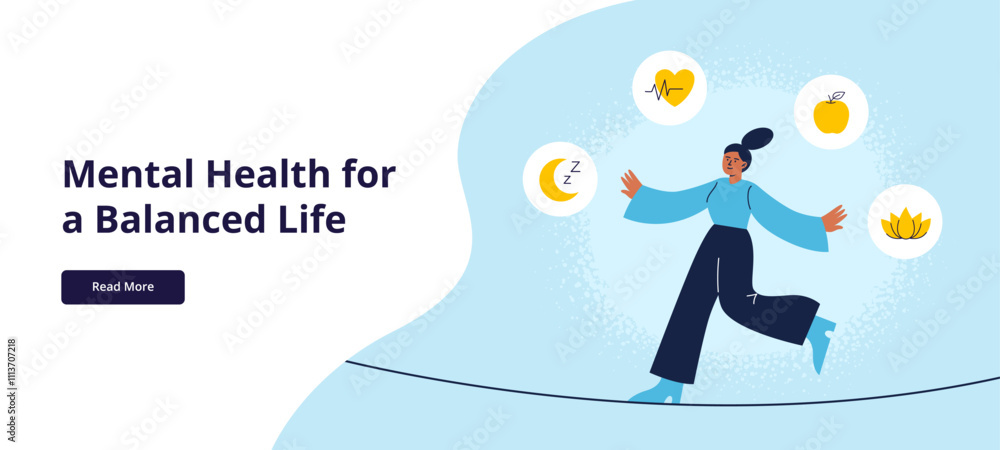A young woman stands balancing on a rope. Balanced and healthy life concept. Flat vector illustration for web banner, landing page, or promo. A young woman stands balancing on a rope. Balanced and healthy life concept. Flat vector illustration for web banner, landing page, or promo.