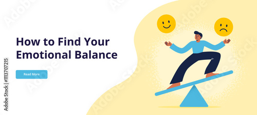 A young man balances between good and bad emotions. Mental and emotional health concept. Flat vector illustration for web banner, landing page, or promo.