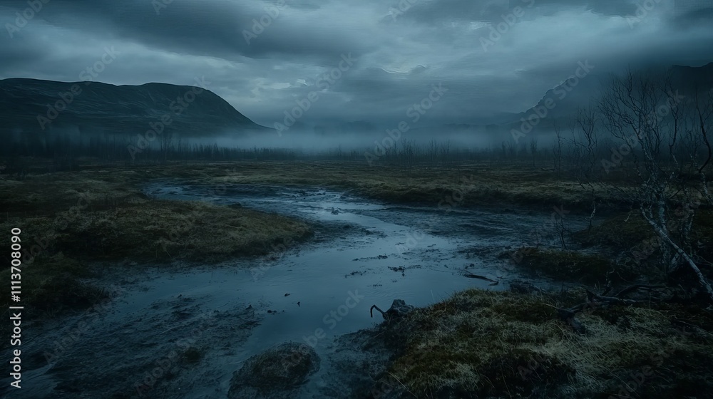 A misty, moody landscape with a winding stream through a grassy plain. A misty, moody landscape with a winding stream through a grassy plain.