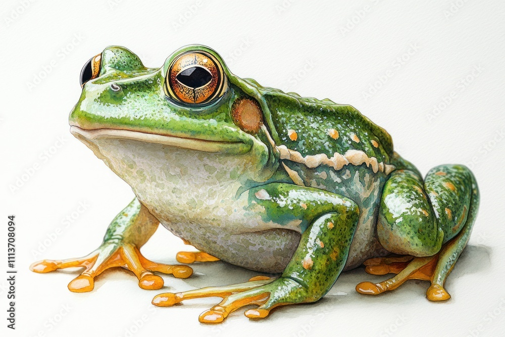 Detailed Watercolor Illustration of a Green Frog with Intricate Textures and Vibrant Colors Detailed Watercolor Illustration of a Green Frog with Intricate Textures and Vibrant Colors