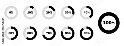 Circle percentage indicator vector icon set in black and grey color. Process bar. Download process from 0 to 100 percent vector illustration on white background.
