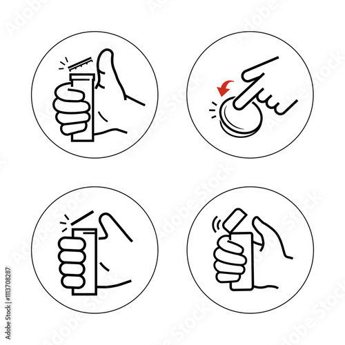 Icons set for instruction of opening child resistant cap of plastic pill bottle. The outline icons are well scalable and editable. Contrasting vector elements. EPS10.	
