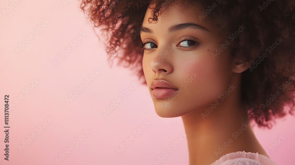 A woman with afro hair looks over her shoulder, with a pink background. A woman with afro hair looks over her shoulder, with a pink background.