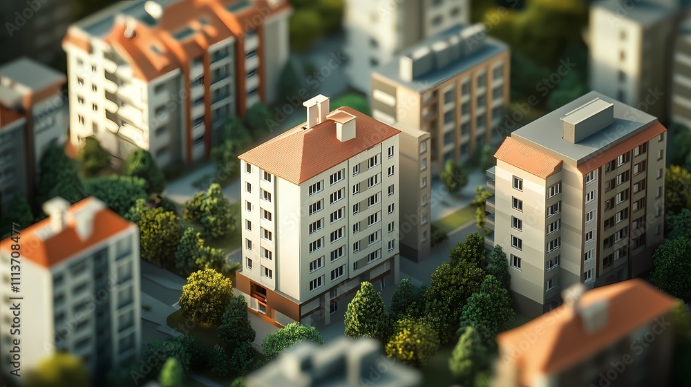 A Miniature Cityscape: Low-Poly Apartment Buildings and Lush Greenery A Miniature Cityscape: Low-Poly Apartment Buildings and Lush Greenery