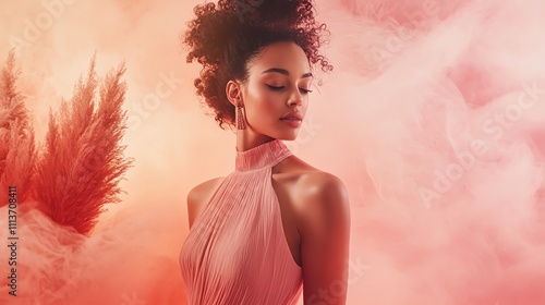 A woman with short curly hair and dark skin wears a pink halter top in a studio setting.