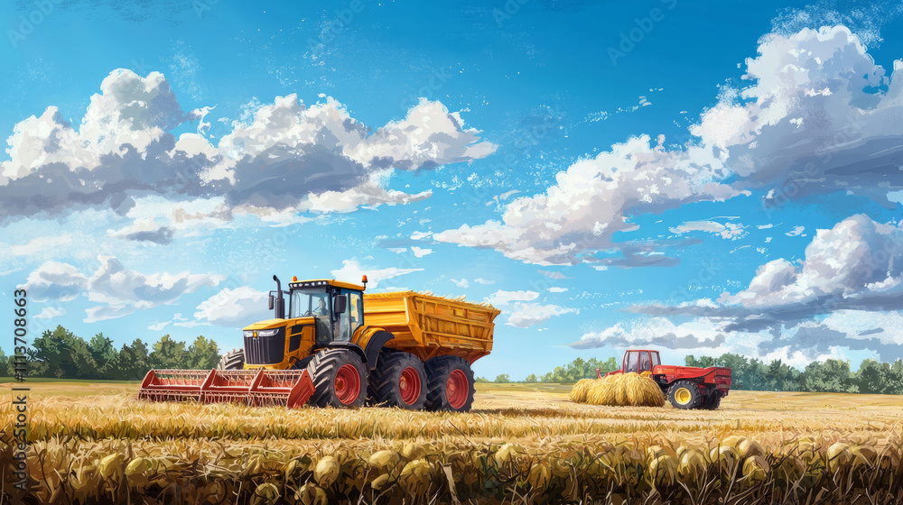 Fototapeta premium Harvesters and tractors working under a bright blue sky
