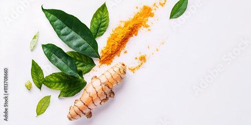 Turmeric Root with Rhizomes and Powder on White Background

 photo