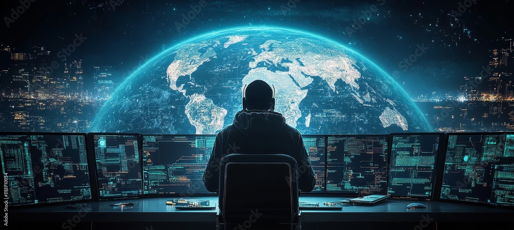 Hacker criminal hack on computer system with earth world map background. Cyber internet security protection. Generative AI technology.
