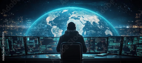 Obraz na płótnie Hacker criminal hack on computer system with earth world map background. Cyber internet security protection. Generative AI technology.
w salonie