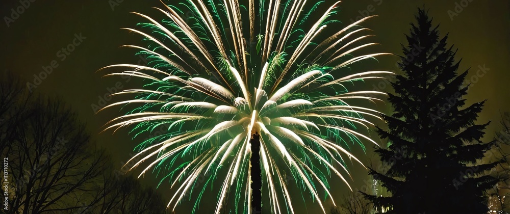 Fototapeta premium A dramatic closeup of New Years Eve fireworks bursting in the sky framed by the dark silhouette of trees