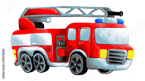 Cartoon red fire truck on a white background. Watercolor illustration photo