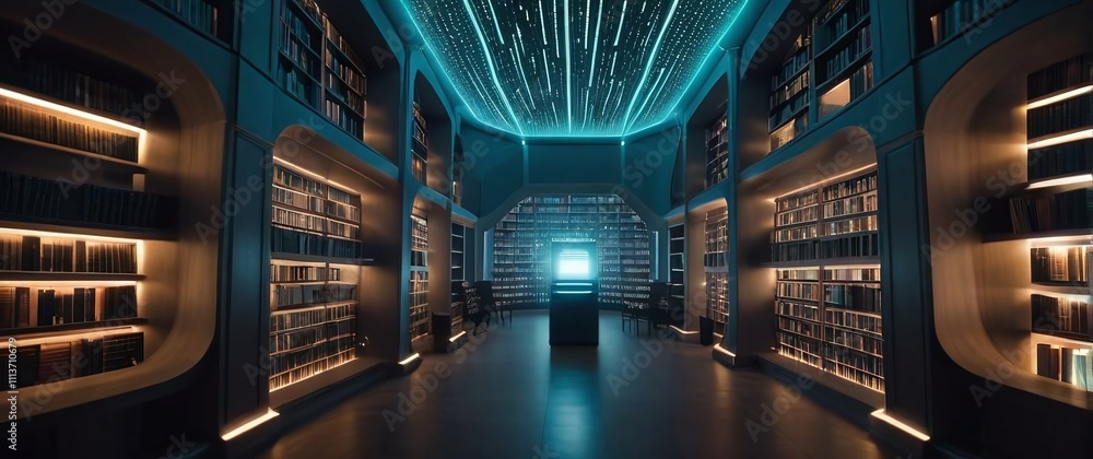 Fototapeta premium A futuristic library where books transform into glowing data streams symbolizing AI knowledge