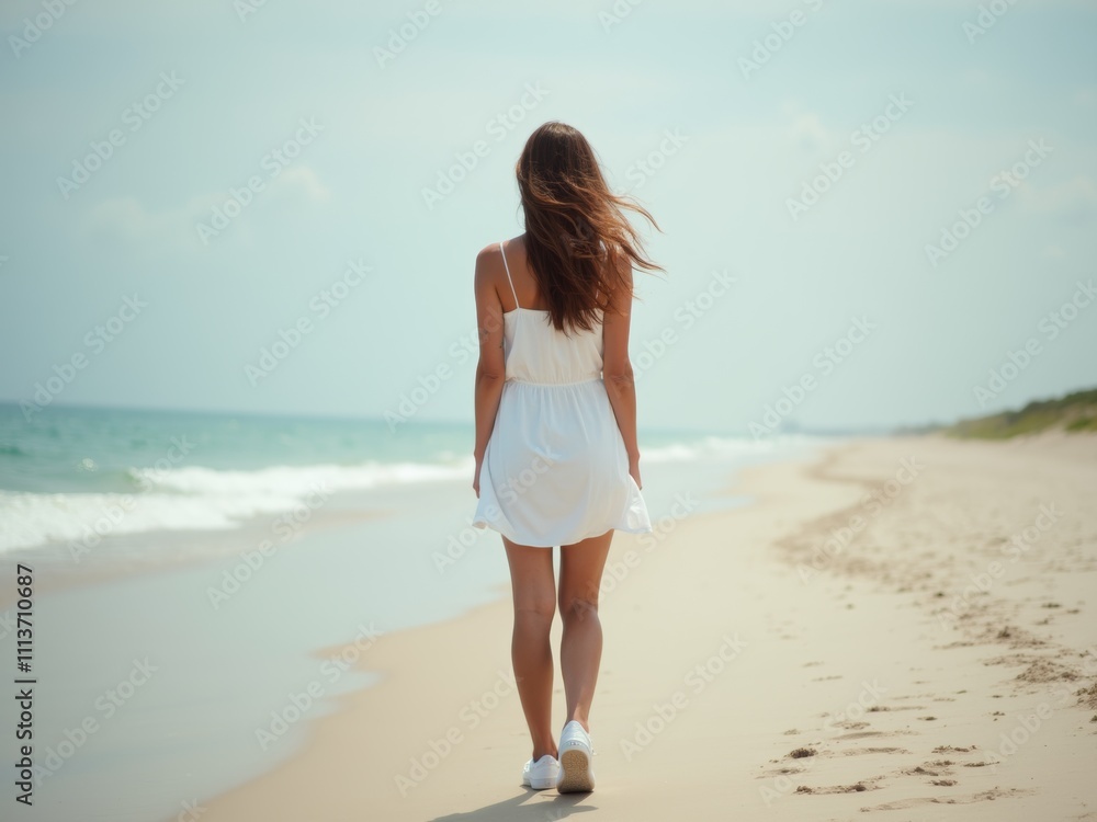 Young Woman in a White Sundress Walking Along a Serene Beach Shoreline on a Sunny Day Young Woman in a White Sundress Walking Along a Serene Beach Shoreline on a Sunny Day