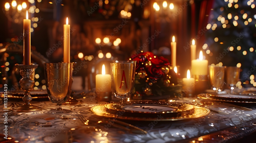 Luxurious Holiday Table with Candles and Golden Decor Luxurious Holiday Table with Candles and Golden Decor