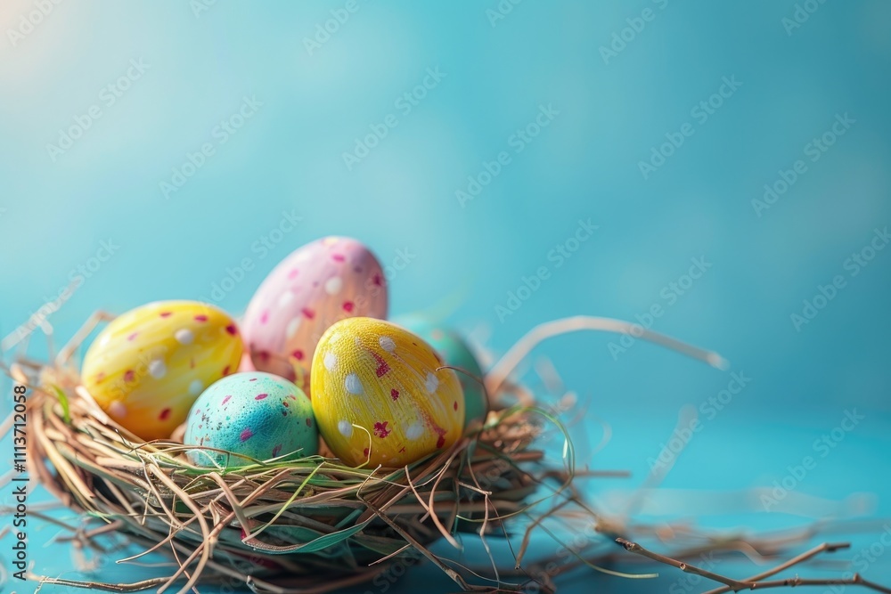 Decorated Easter Eggs in a Nest on a Blue Background Decorated Easter Eggs in a Nest on a Blue Background