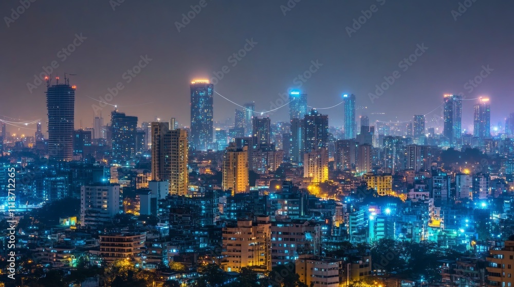 Obraz premium Night cityscape, skyscrapers illuminated, urban skyline, city lights.