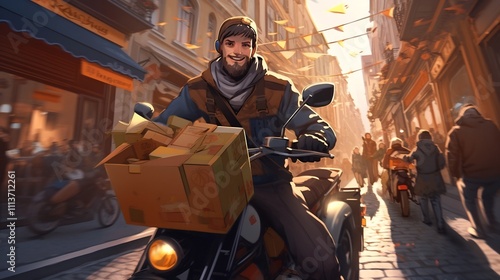 Fast and efficient courier service delivering parcels and packages on an electric scooter through the busy streets of a vibrant urban city center