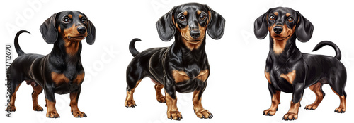 realistic black and tan dachshund trio standing playful dogs transparent background