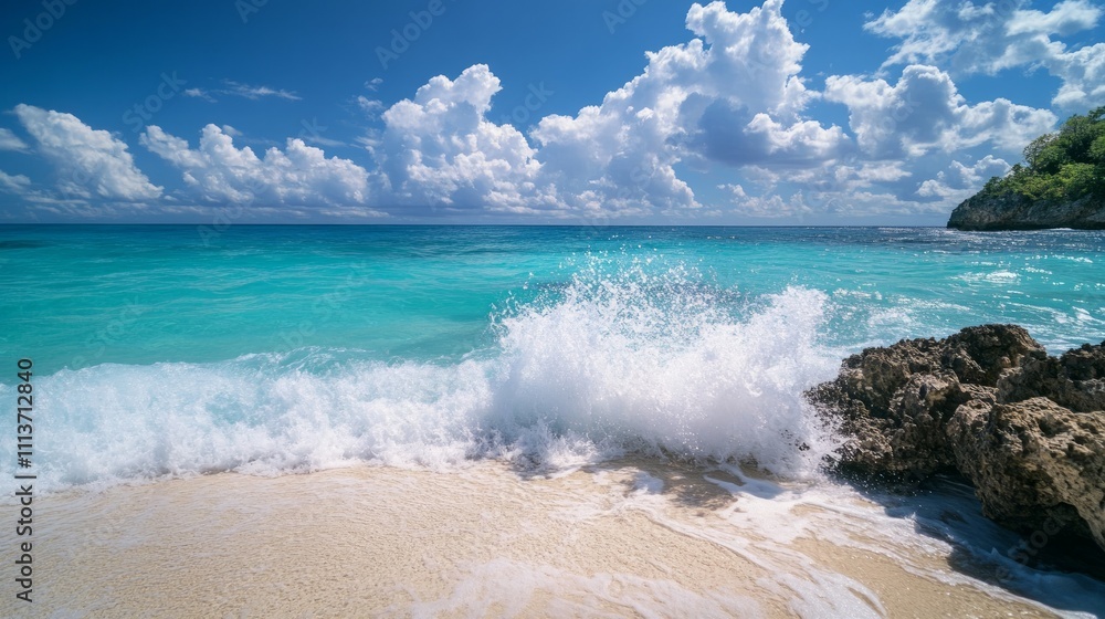 Sparkling turquoise waves crashing on a pristine sandy beach, with a rocky shoreline and a vibrant blue sky filled with fluffy clouds..