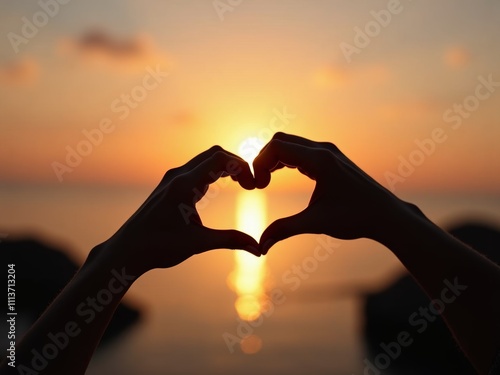 Hands Forming a Heart Shape Against a Stunning Sunset Over Calm Waters by the Shore, Capturing a Moment of Love and Tranquility