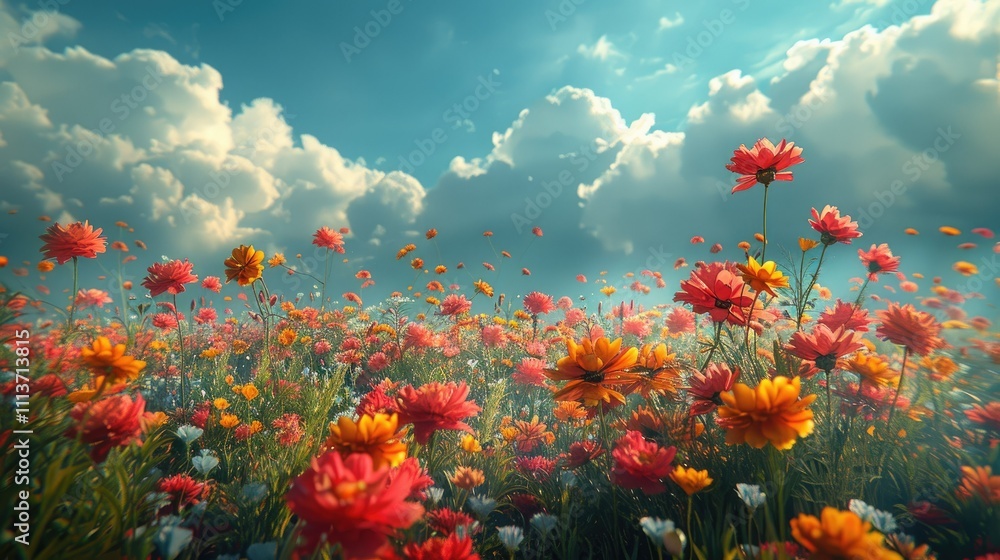 Obraz premium Vibrant wildflowers bloom in a sun-drenched field under a bright sky.