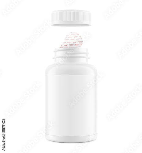 Plastic packer pill bottle mockup with child resistant cap and pressure sensitive seal for treats, vitamins, supplements isolated on white background. Vector illustration ready for your design. EPS10.