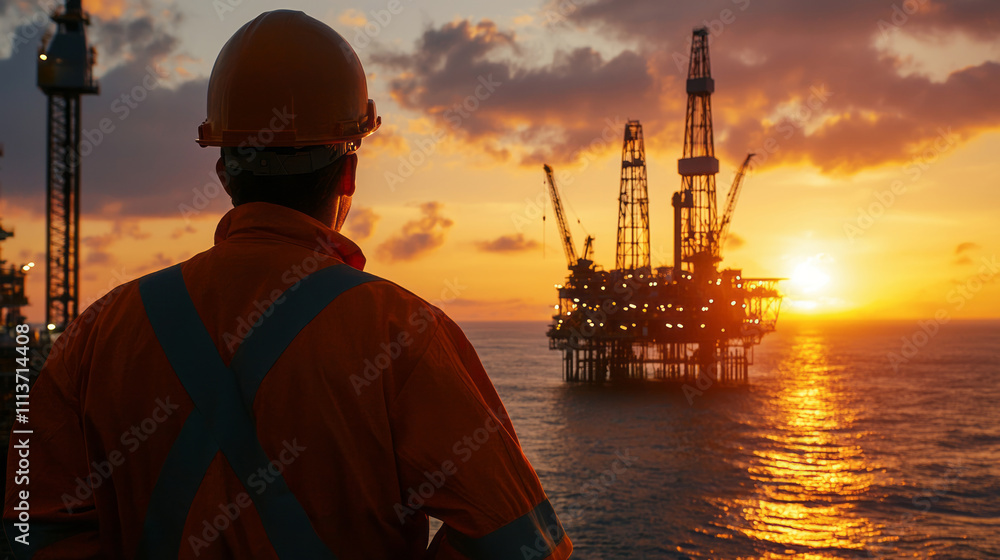 Engineer overlooking oil rig at sunset for energy inspection Engineer overlooking oil rig at sunset for energy inspection