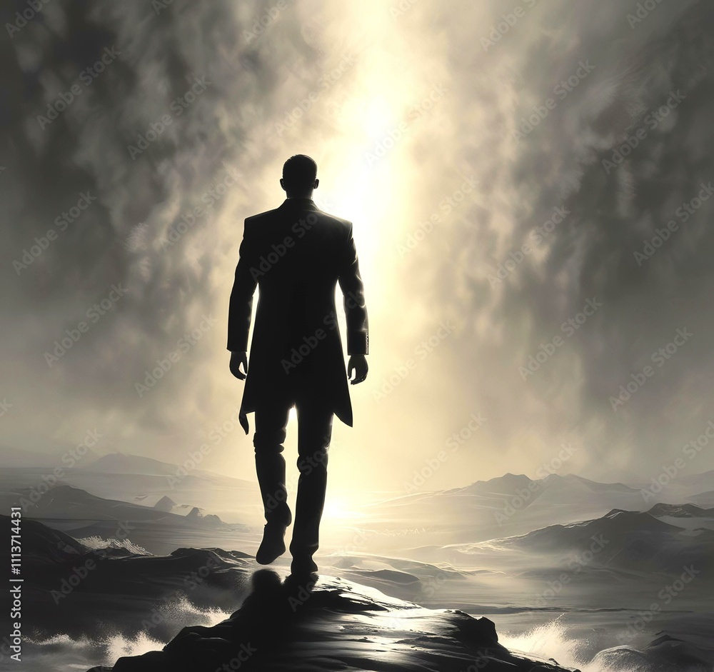 Illustration of man in suit silhouette with dramtaic background.