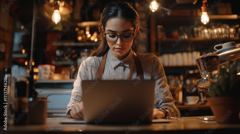 Young entrepreneur working on laptop in cozy coffee shop Young entrepreneur working on laptop in cozy coffee shop