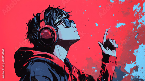 Wallpaper Mural Anime boy wearing headphones listening to music, Manga style cartoon drawing Torontodigital.ca
