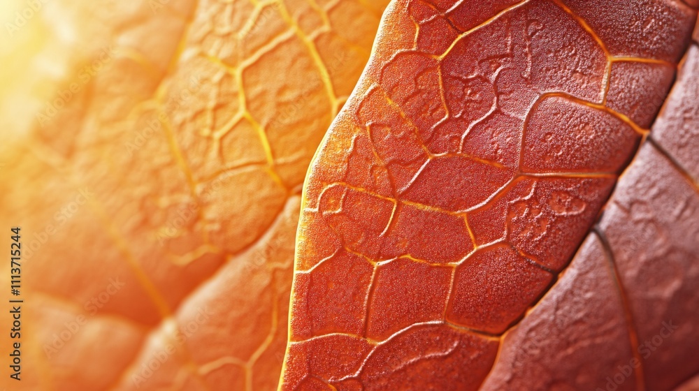 Fototapeta premium Sunlit Autumn Leaf Texture Close-up Macro Photography of Dried Leaf Veins