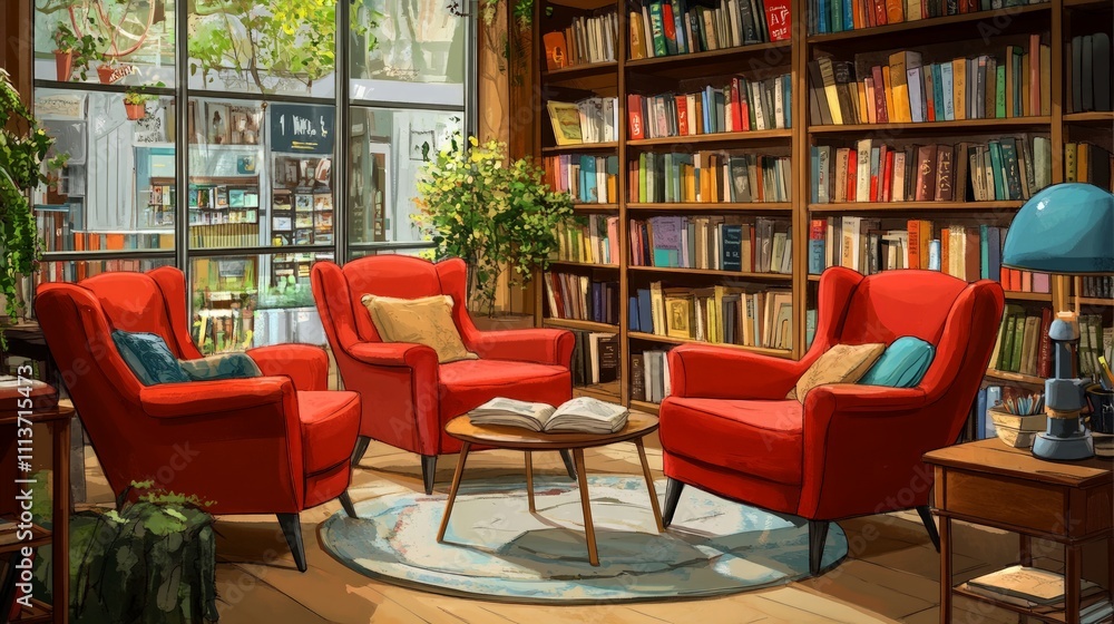Cozy Community Reading Nook, an inviting space in a bookstore filled with plush armchairs and cushions, perfect for adults to unwind with their favorite novels. Cozy Community Reading Nook, an inviting space in a bookstore filled with plush armchairs and cushions, perfect for adults to unwind with their favorite novels.
