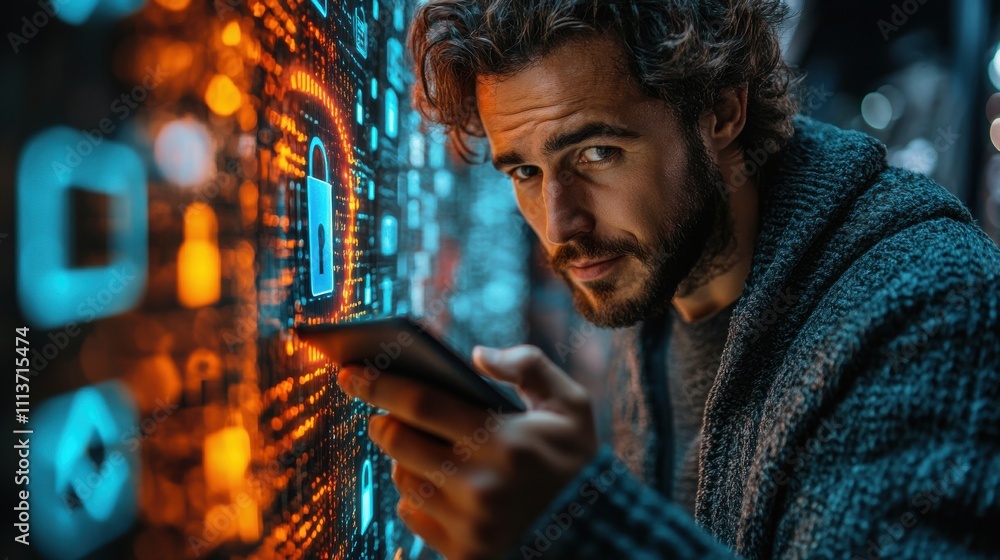 Obraz premium protecting personal data on smartphone virtual screen interfaces cyber security cybersecurity and privacy concepts to protect data lock icon and internet network security technolog