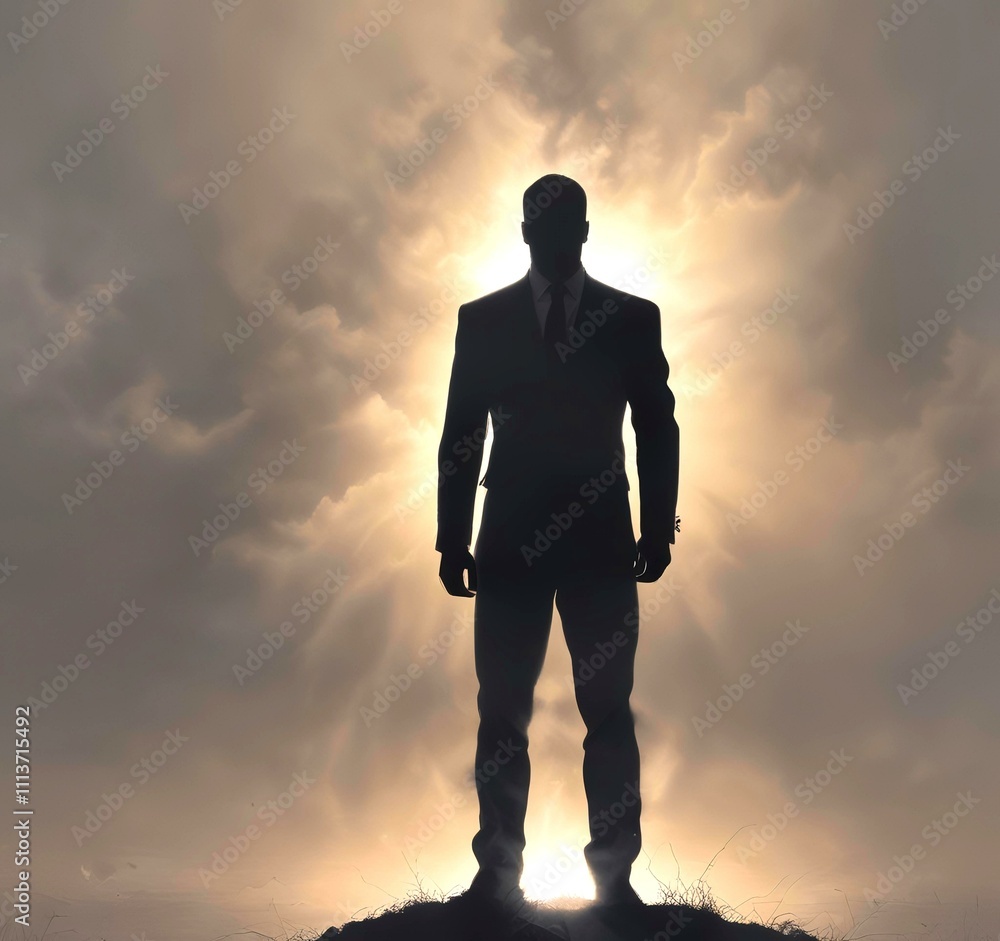 Illustration of man in suit silhouette with dramtaic background. Illustration of man in suit silhouette with dramtaic background.